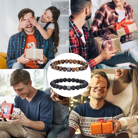 ⚡Rankeef Men 2 Lava Rock Tiger Eye 8MM Natural Stone Crystal Beaded Bracelet - Picture 7 of 7